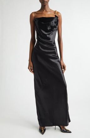 Balmain Chain Strap Satin Gown in 0Pa Black at Nordstrom, Size 8 Us