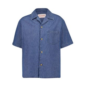 Valentino Garavani Blauwe Denim Bowling Shirt - Heren - Korte mouwen Overhemden - Blauw - M - Denim - Overhemden