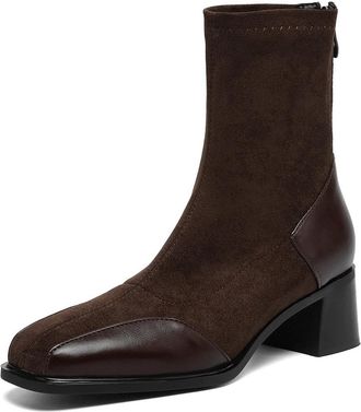 Generic Womens Square Toe Suede Leather Ankle Boots Mid Chunky Block Heels Back Zipper Comfortable Non Slip Durable Stylish for Daily Office Fall Winter,Brown