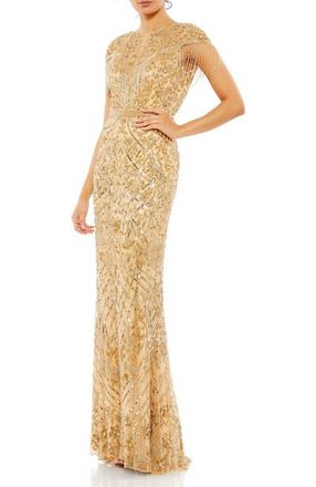 Mac Duggal Embellished Fringe Cap Sleeve Trumpet Gown in Light Gold at Nordstrom, Size 14