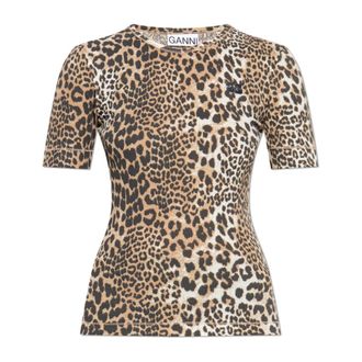 Ganni Leopard Rib T-shirt - Dames - T-shirts - Beige - M - Katoen - Tops