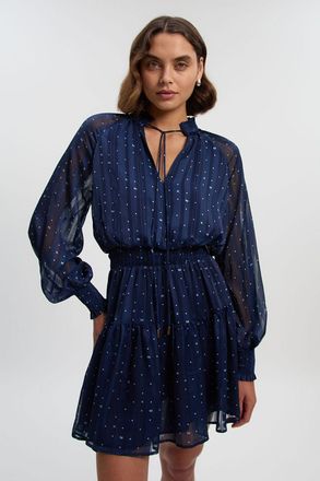 Karen Millen Womens Print Shirred Detail Dobby High Neck Woven Mini Dress - Navy - Size 16 UK