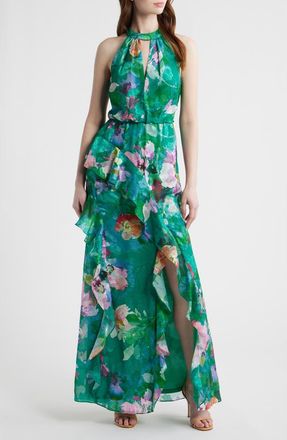 Adrianna Papell Ruffle Floral Evening Gown in Green Multi at Nordstrom, Size 14