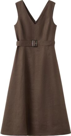 Mango Belted Linen Midi Dress in Chocolate at Nordstrom, Size 10