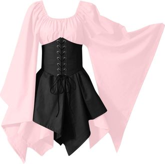 Generic Halloween Dresses for Women Costumes Gothic Sleeve Corset Dresses Round-Neck Knee-High Dress Womens Novelty Dresses Plus Size Swing Wedding Guest Work