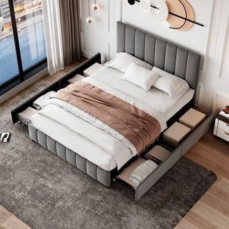 Merax 4ft6 Double Velvet Bed with 4 Drawers & Channel-Tufted Headboard in Grey