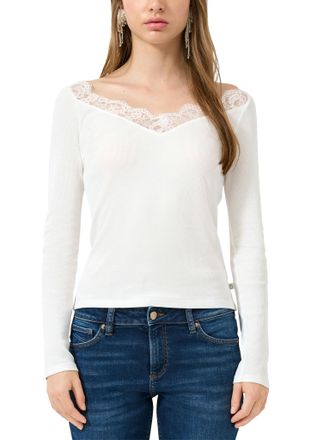 QS by s.Oliver Langarmshirt QS, Damen, Gr. XXL (44), wei&szlig;, Feinripp, Obermaterial: 100% Baumwolle, unifarben, tailliert h&uuml;ftbedeckend, V-Ausschnitt, Shirts Langarmsh