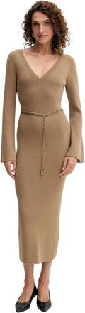 Michael Kors V-Neck Gebreide Midi Jurk - Dames - Kleedjes - Bruin - XL - Wol - Kleedjes