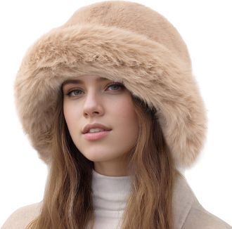 Feoya Women Winter Faux Fur Fuzzy Bucket Hat Fluffy Furry Warm Plush Hat Soft Thicken Wide Brim Fisherman Cap Brown