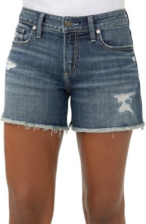 Silver Jeans Co Suki Curvy Frayed Mid Rise Denim Shorts in Indigo at Nordstrom, Size 24