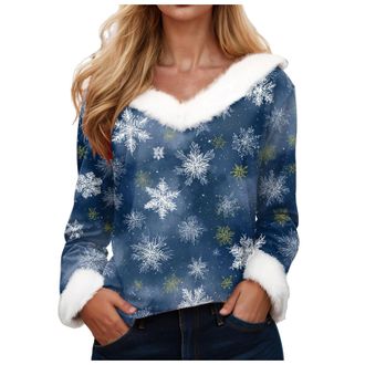 Generic Christmas Jumper Women UK Casual Ladies Long Sleeve Shirts Snowflakes Sweatshirt Christmas Tree Print Fleece Round Neck Tops Xmas T-Shirt Winter Autum