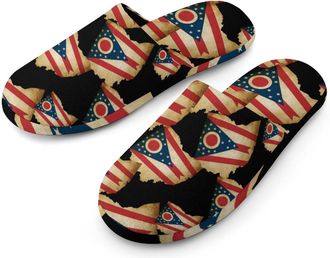 Generic Vintage Ohio State Map with Flag Flannel Mens Slip-on Slippers Winter Warm House Shoes with Rubber Sole for Home Hotel
