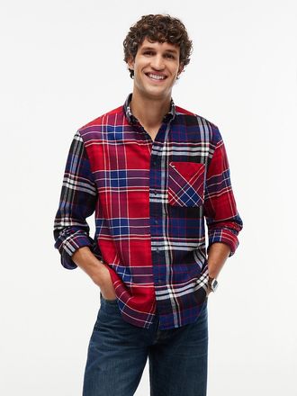 Tommy Hilfiger Mens Classic Fit Mixed-Plaid Flannel Shirt - Regatta Red - L