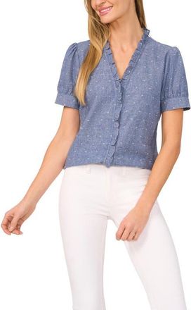 CeCe by Cynthia Steffe Ruffle Trim Chambray Button-Up Top in Niagara Blue at Nordstrom, Size Medium