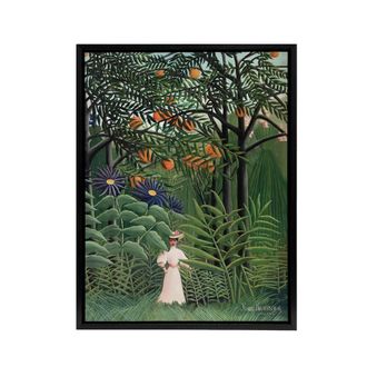 Artery8 Woman Walking in an Exotic Forest Rousseau Black Framed Canvas Art in Green | Size: W24 x H32
