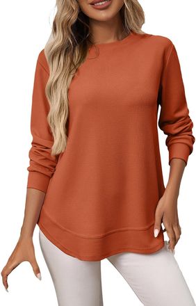 Generic 3/4 Sleeve Tops for Women Uk Womens Waffle Knit Tops UK Loose Fit Long Sleeve Round Neck Curved Hem Jumpers Ladies Casual 2025 Dressy Elegant Autumn L