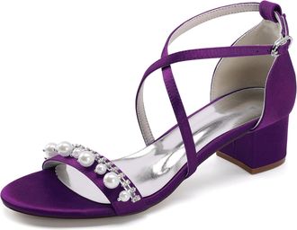 Generic Wedding Bridal Shoes Womens Open Toe Ankle Strap Chunky Heels Sandals Low Bridal Formal Prom Party Dress Shoes 4.5Cm,Dark Purple,6 UK