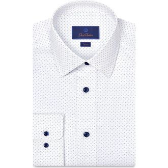 David Donahue Trim Fit Geometric Dot Print Stretch Cotton Dress Shirt in White/Navy at Nordstrom, Size 18.5 - 34