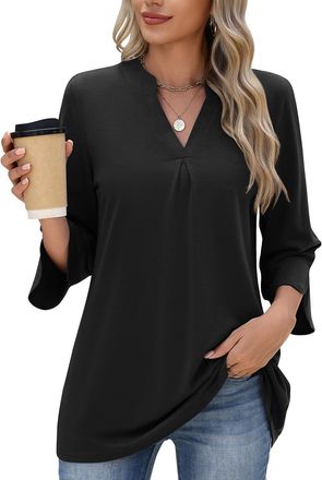 Heekpek PASUDA Womens Blouses 3/4 Length Sleeve Tops V Neck Elegant Striped Shirts Ladies Casual Loose Tunic T Shirts Fashion Dressy Baggy Business Polo Top(B