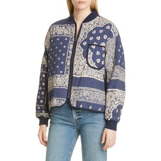 The Great. The Bandana Print Quilted Bomber Jacket in Navy Bandana Print at Nordstrom, Size 1