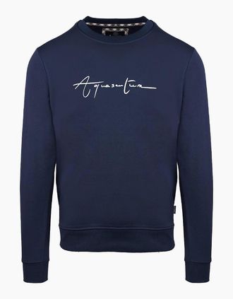Aquascutum Mens Crew Neck Ribbed Collar Long Sleeve Sweatshirt - Navy - Size: 2X large