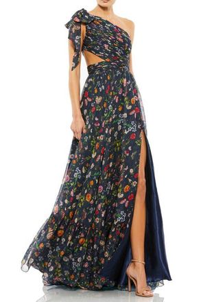 Mac Duggal Petite Tied One Shoulder Cut-Out Flowy Gown in Navy Multi at Nordstrom, Size 10P