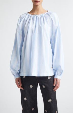 Marni Stripe Gathered Neck Cotton Poplin Top in Stb21 Light Blue at Nordstrom, Size 2 Us