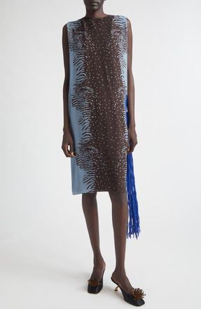 Ferragamo Flower Inlay Print Silk Shift Dress in Washed Denim/Expresso at Nordstrom, Size 8 Us