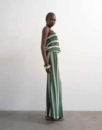 Topshop Gonna lunga in maglia a righe multicolore blu e marrone in coordinato