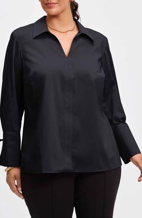 Foxcroft Carla Tie Cuff Cotton Blend Popover Top in Black at Nordstrom Rack, Size 2X