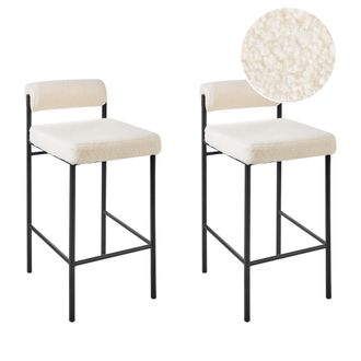 Beliani Conjunto De 2 Sillas De Bar Modernas Taburetes Respaldo Tapizado Boucl&eacute; Sin Reposabrazos Patas Negras Blanco Amaya