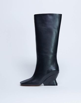 Topshop Selma - Stivali in pelle premium al ginocchio neri con tacco alto a zeppa-Nero