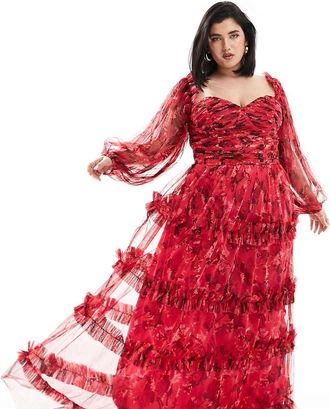Lace & Beads Plus long sleeve tulle ruffle maxi dress in pink and red floral
