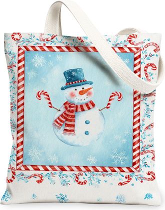 Generic Festive Canvas Tote Bags, Playful Snow Man Design Reusable Shopping Bags, Lightweight Washable Shoulder Strap Canvas for Holiday Gifts Travel Beach 13