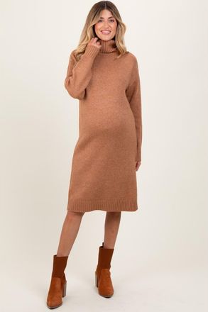 Pinkblush Turtleneck Side Slit Midi Sweater Dress in Camel at Nordstrom, Size Small
