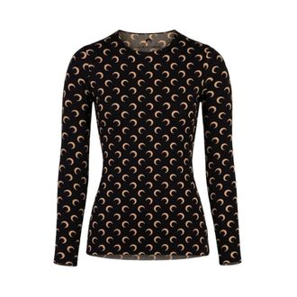 Marine Serre Moon Printed Jersey LS Crewneck Top - female - Marine Serre - Long Sleeve T-Shirts - Brown - XS - Tops