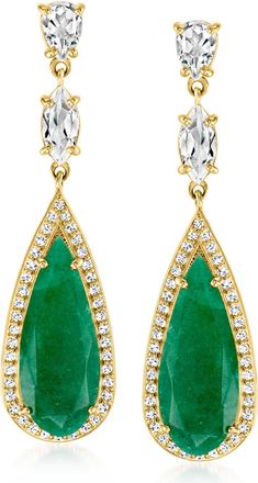 Ross-Simons Emerald and White Topaz Drop Earrings in 18kt Gold Over Sterling