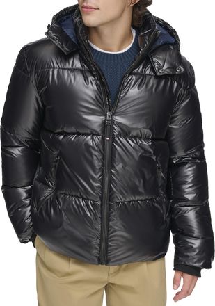 Tommy Hilfiger Mens Shiny Quilted Puffer with Patch Logo Jacket, Black, XXL