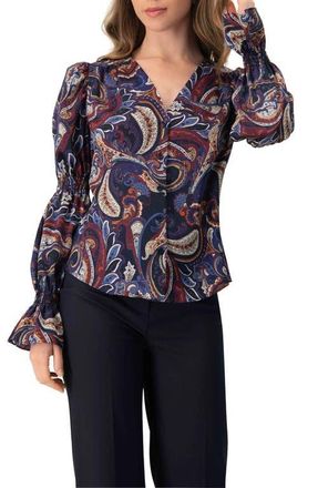 Ivonne V-Neck Printed Shirt With Smocked Sleeves in Multi-Brown at Nordstrom, Size 14