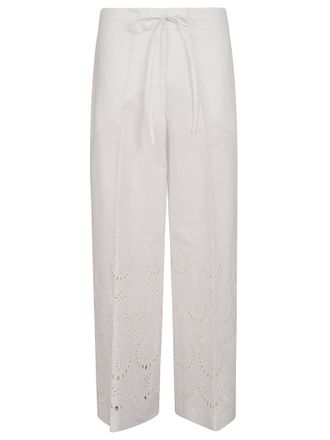 P.A.R.O.S.H. High-Waisted White Trousers with Intricate Eyelet Embroidery