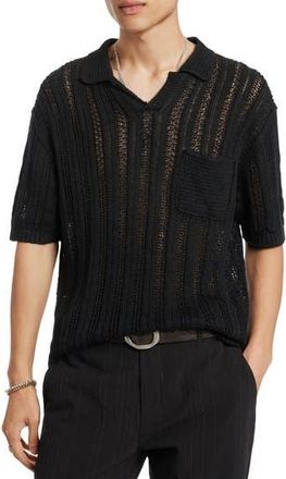 John Varvatos Odin Short Sleeve Textured Linen Johnny Collar Sweater in Black at Nordstrom Rack, Size X-Large