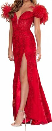 Sherri Hill Feather Sleeve Leaf Lace Dress In Red