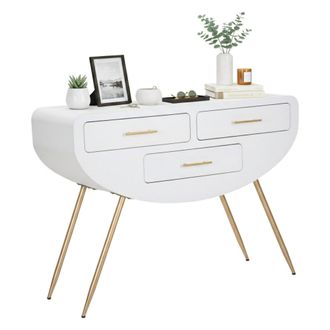 Dmora Consola Tomato, Mesa Multiusos, Gabinete De Soporte, Escritorio De Pasillo, 110x40 H80 Cm, Blanco Y Oro - Dmora