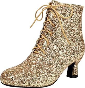 Generic Womens Party Ankle Boots Round Toe Med Chunky Heel Zipper Closure With Bling Finish For Banquet And Dating Events