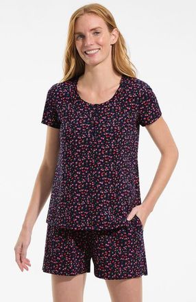 Lands End Knit 2 Piece Pajama Set - Short Sleeve Top and Shorts in Deep Sea Floral Strawberries at Nordstrom, Size X-Large
