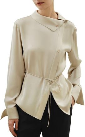 LilySilk Asymmetrical Shirt with Waist Tie in Cream at Nordstrom, Size Medium