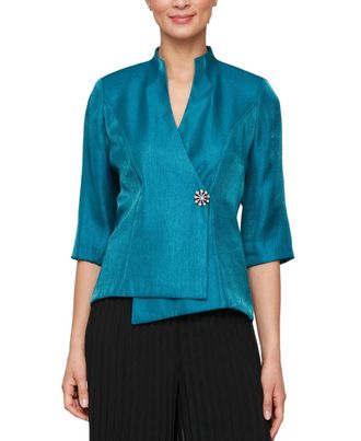 Alex Evenings Wrap Top Womens Teal Shawl Collar Surplice Neck Blouse PALL4
