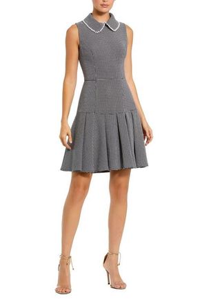 Mac Duggal Sleeveless Collared Boucl&eacute; Mini Dress With Pleats in Black White at Nordstrom, Size X-Small