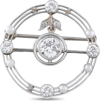 Luxury Bazaar Antique 18K White Gold 0.85ct Diamond and Pearl Round Brooch MF15-082526