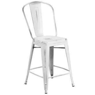 Flash Furniture 24 High Distressed White Metal Indoor-Outdoor Counter Height Stool with Back